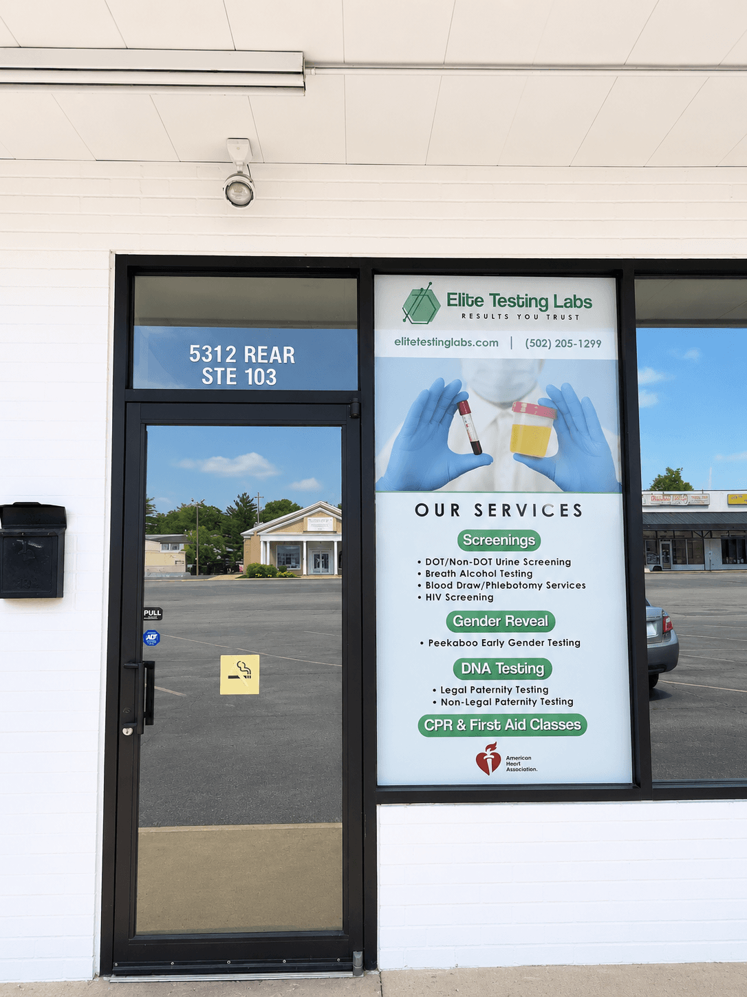 Elite Testing Labs front door entrance at 5312 S 3rd St Suite 103 Louisville KY